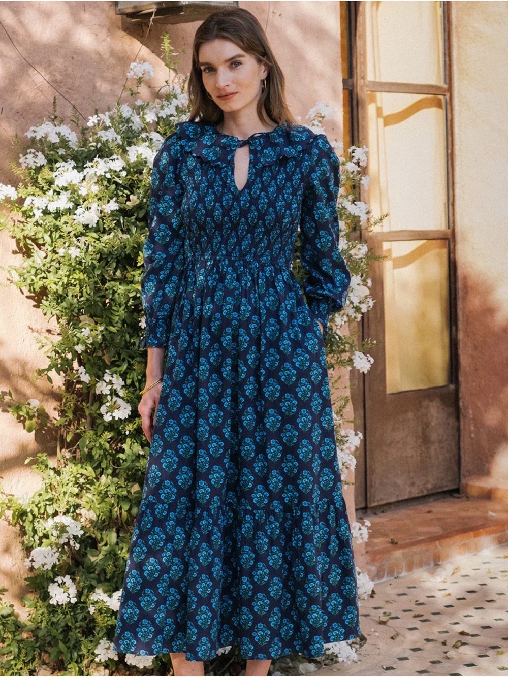 Pink City Prints Rita Dress Night Sky Buta Floral Cotton Midi Dress with Pockets